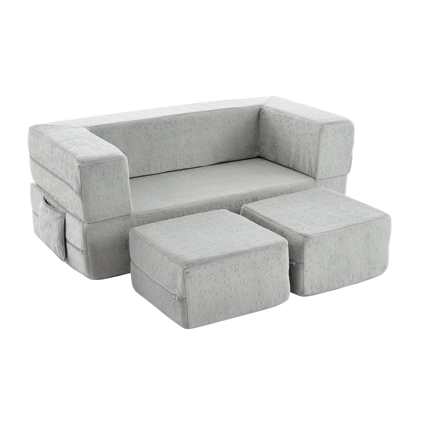 Modular Kids Loveseat/ Sleeper Sofa/ Play Set 3-in-1 Multi-Functional Toddler Convertible Flip Chair with 2 Ottomans, Gray