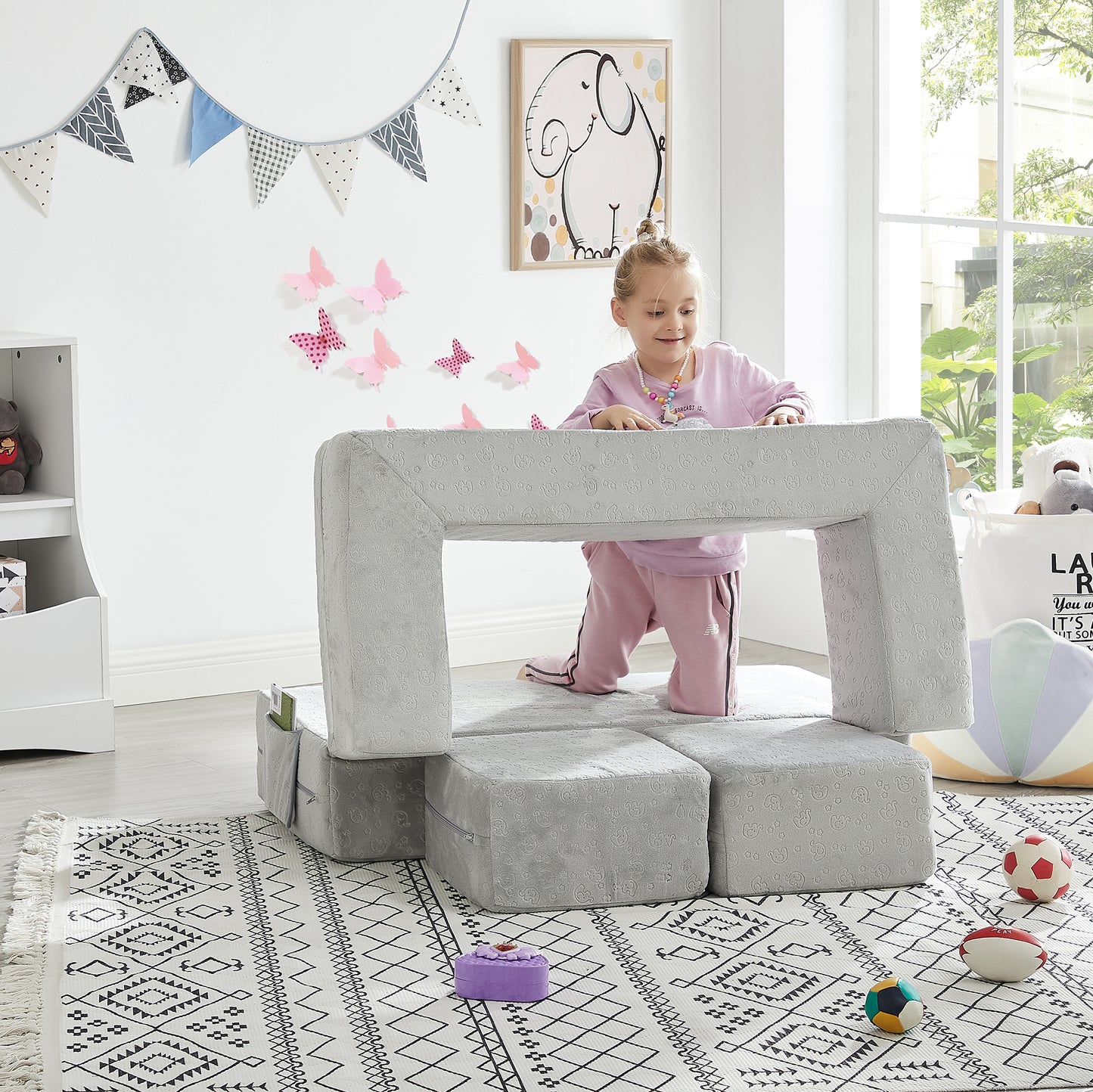 Modular Kids Loveseat/ Sleeper Sofa/ Play Set 3-in-1 Multi-Functional Toddler Convertible Flip Chair with 2 Ottomans, Gray