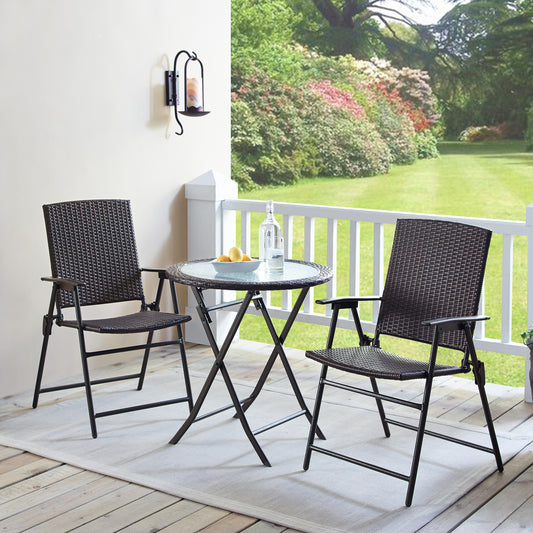 3 Pieces Wicker Folding Bistro Set, Balcony Table and Chairs Sets, Garden Backyard Furniture