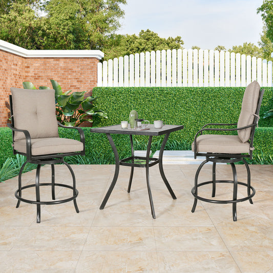 3 Pieces Metal Patio Bar Height Dining Set with Square Bar Table and Swivel Counter Stools with Cushions ( Beige)