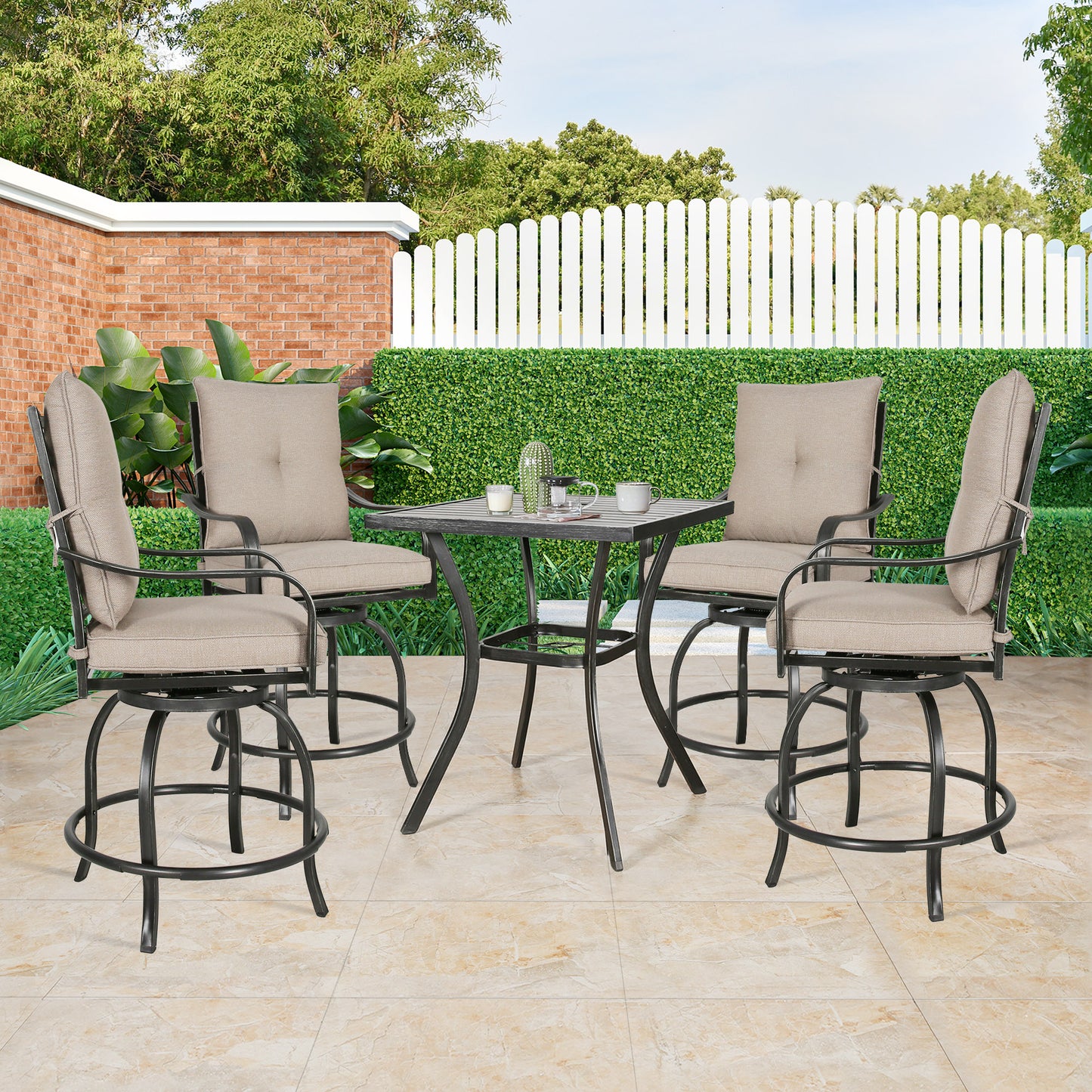 5 Pieces Patio Metal Bar Height Dining Set with Square Bar Table and Swivel Counter Stools with Cushions (Beige)