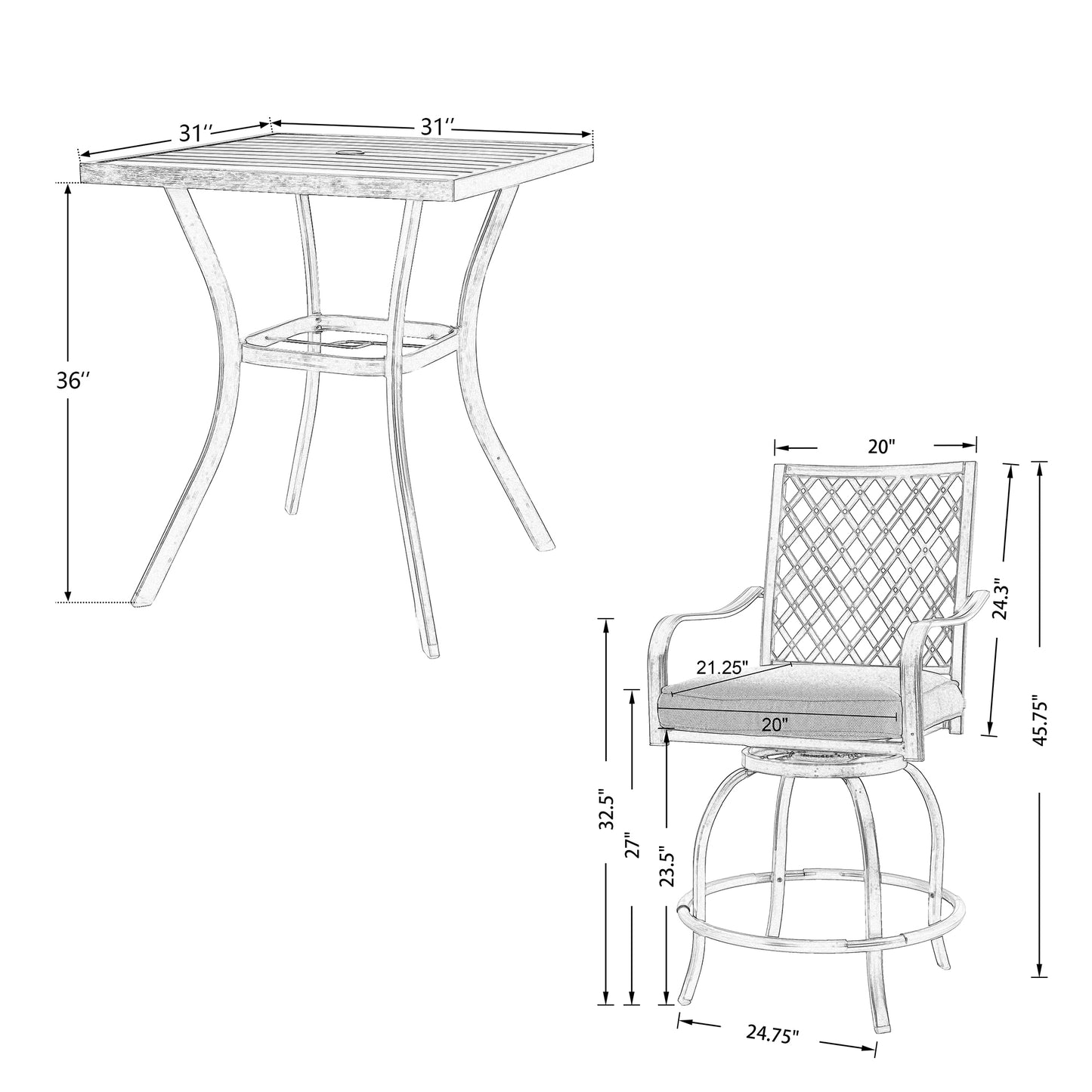 3 Pieces Metal Patio Bar Height Dining Set with Square Bar Table and Swivel Counter Stools with Cushions(Red)