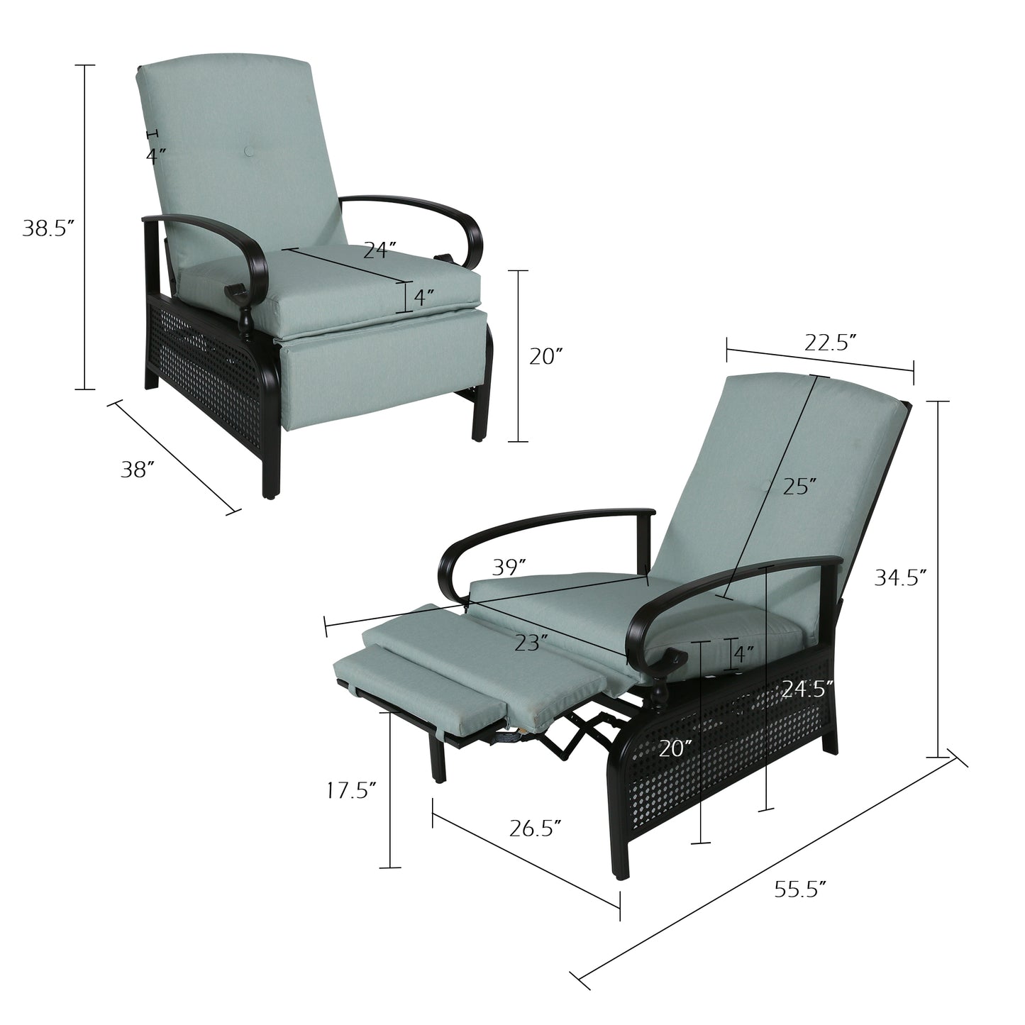 Outdoor Recliner Chair Adjustable Patio Reclining Lounge Chair with 100% Olefin Cushion (Mist)