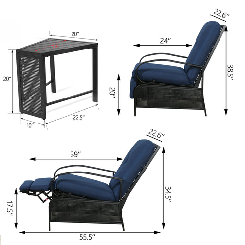 Outdoor/Indoor 2-Person Conversation set Seating Group with Recliner Chairs and Metal End Table