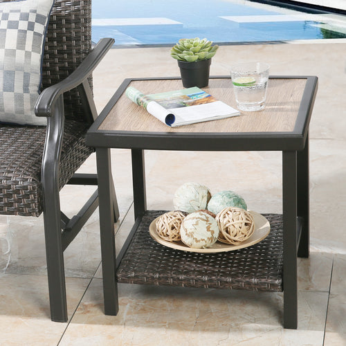 Patio Steel Side Table Outdoor Wicker End Table Coffee Table with Alucobond Top