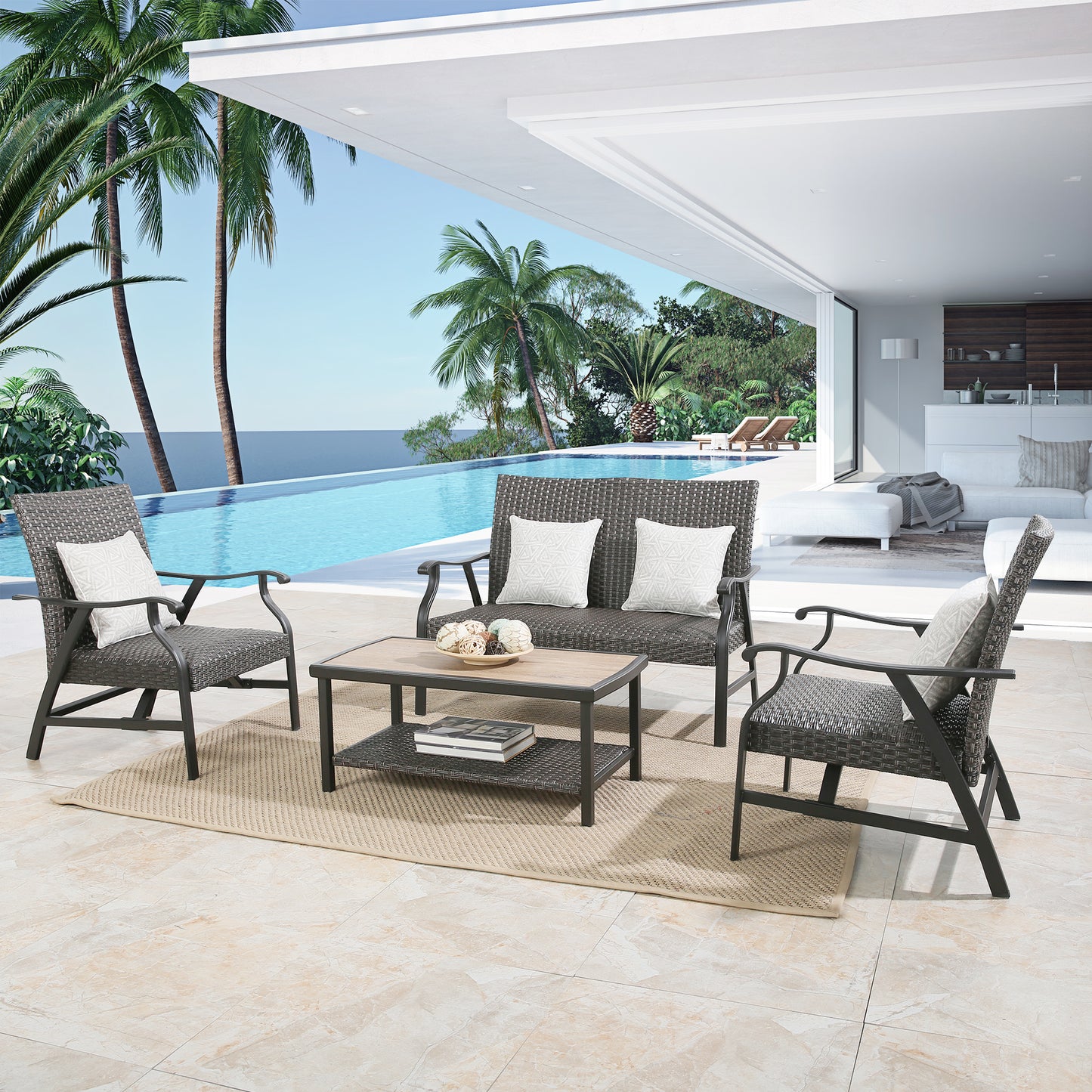 4-Piece Indoor Outdoor Wicker Padded Conversation Set Patio Rattan Furniture Set with 2 Motion Rocking Armchairs, 1 Loveseat and 1 Alucobond Coffee Table for 4 Persons
