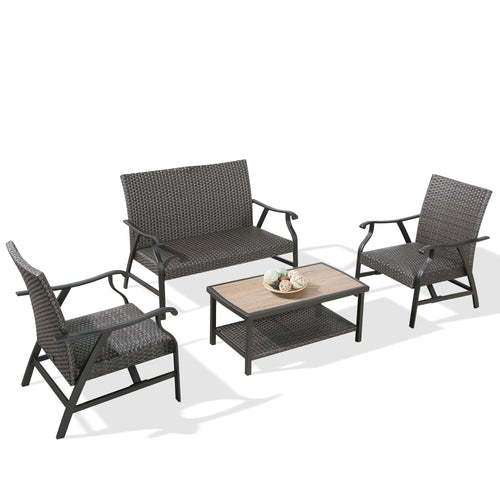 Pavane 4-Piece Indoor Outdoor Wicker Padded Conversation Set Patio Rattan Furniture Set with 2 Motion Rocking Armchairs, 1 Loveseat and 1 Alucobond Coffee Table for 4 Persons