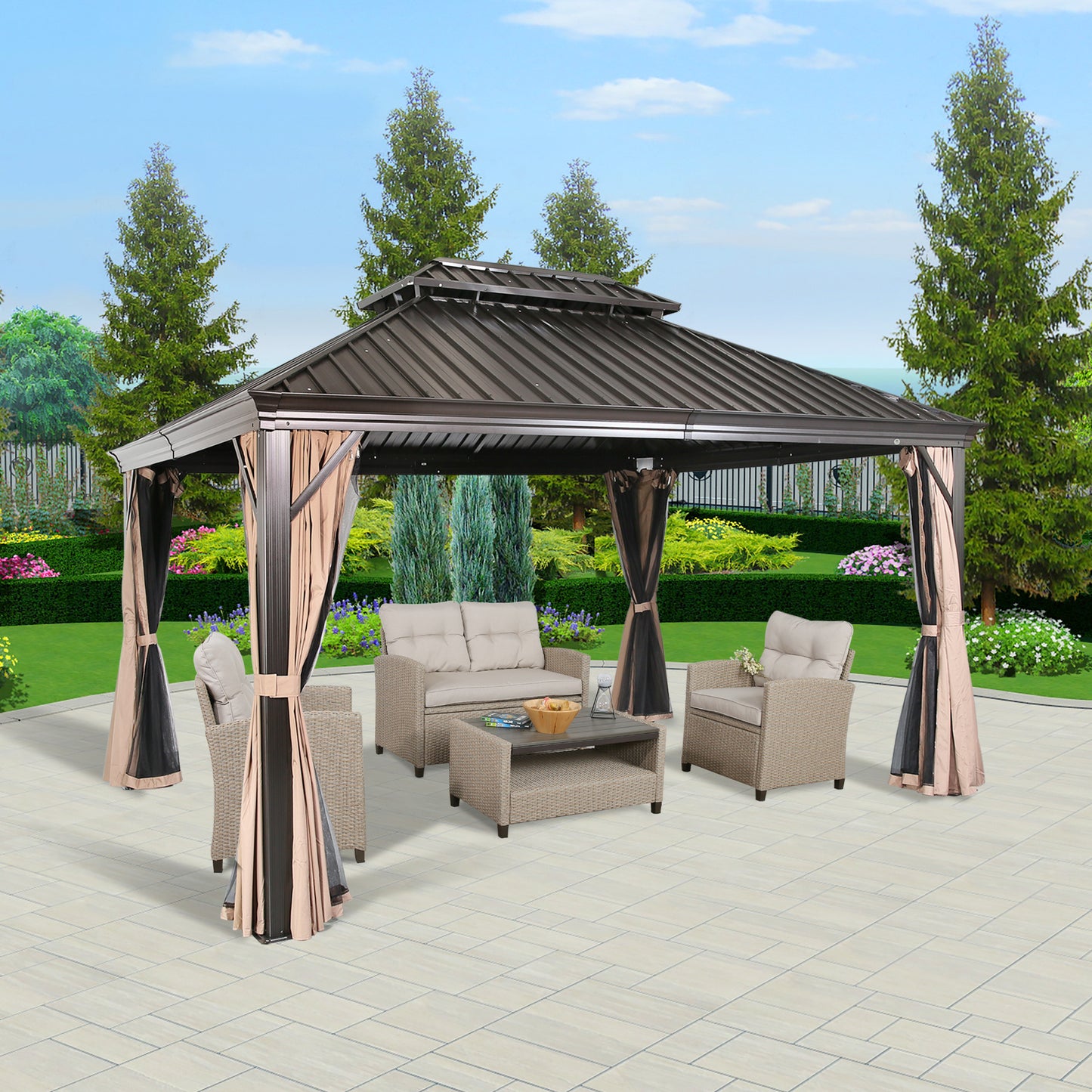 10Ft x 12Ft Patio Hardtop Gazebo Outdoor Aluminum Pergola with Galvanized Steel Roof Canopy, Polyester Curtain and Mosquito Net