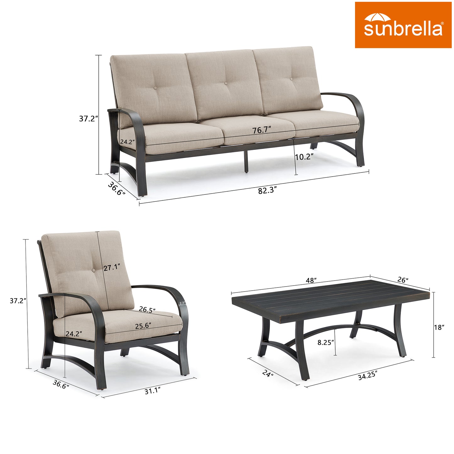 3 Pieces Outdoor/Indoor Aluminum Patio Conversation Seating Group with Sunbrella Cushions and Coffee Table for 4 Person
