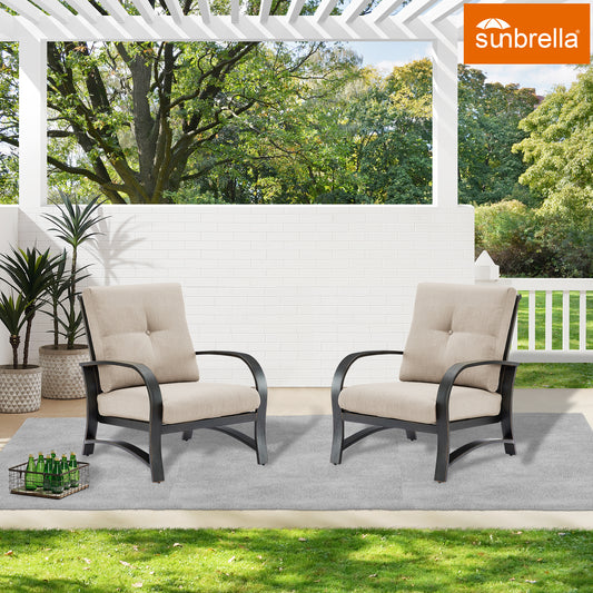 Patio Aluminum Club Chairs Indoor Outdoor Set of 2 Conversation Seating with Sunbrella Cushion Covers