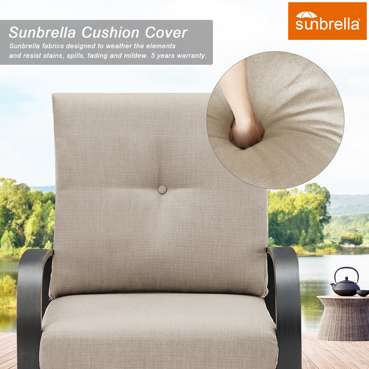 3 Pieces Outdoor/Indoor Aluminum Patio Conversation Set with Motion Rocking Chairs, Sunbrella Cusihons and Side Table
