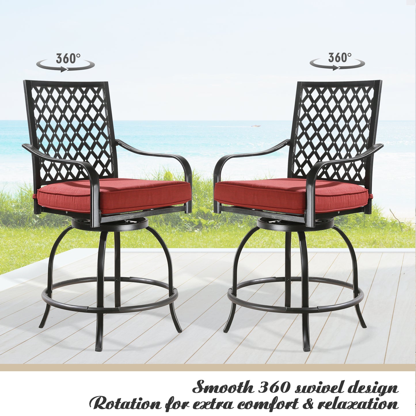 2 Pieces Patio Swivel Counter Bar Stools with Olefin Cushions and Armrest(Red)
