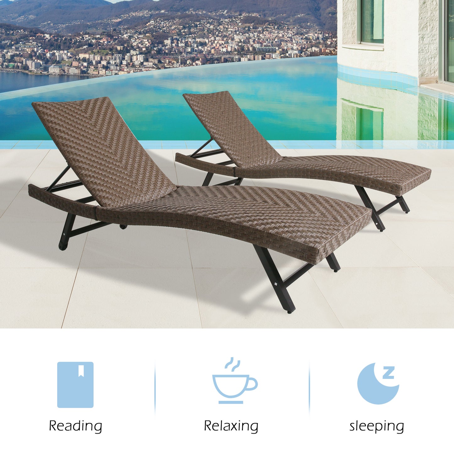 Outdoor 2-Pieces Aluminum Reclining Chaise Lounge Chairs Patio Wicker Adjustable Sun lounger Set with Wheels and Padded with Quick Dry Foam for Poolside Yard Lawn Deck