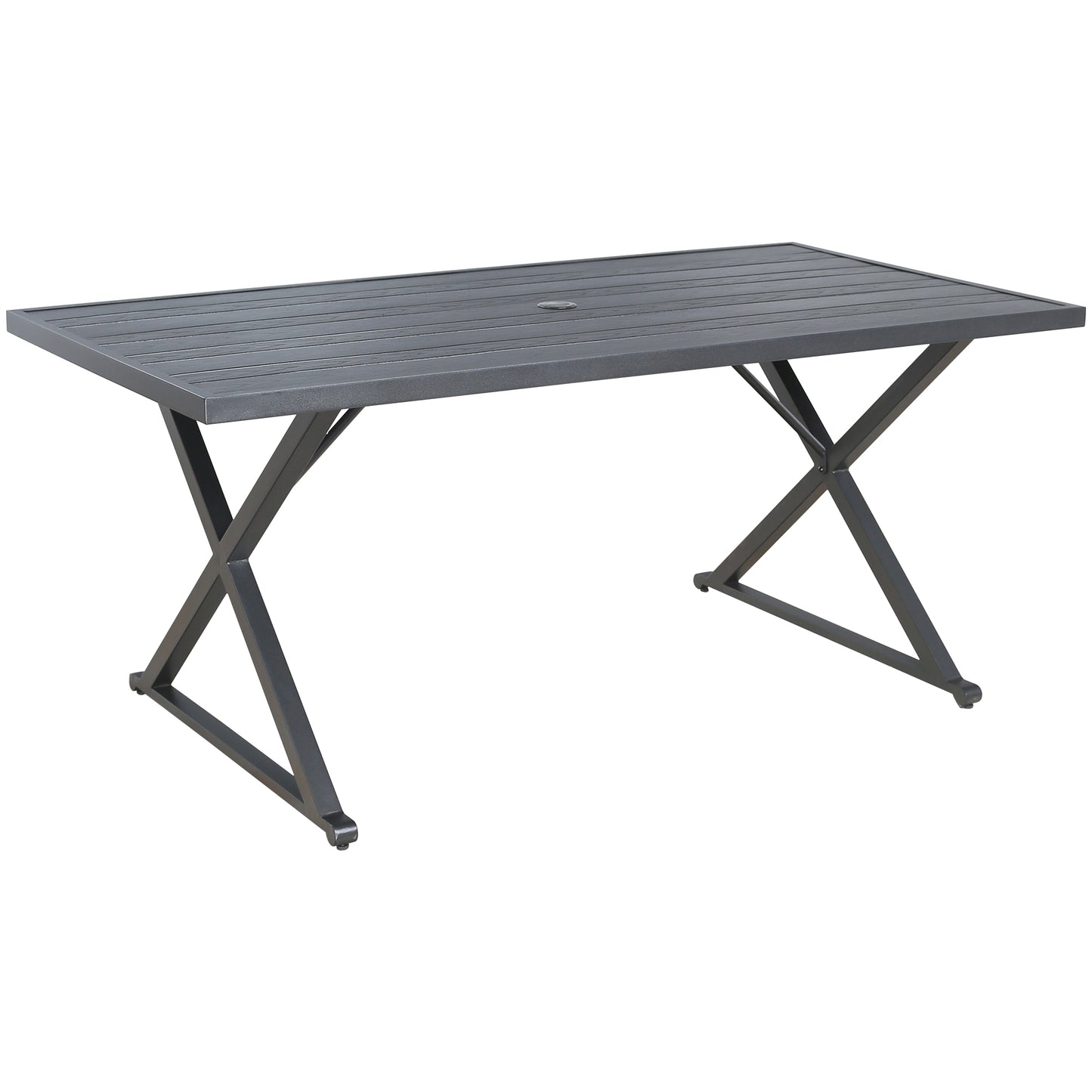 Rectangular 67.75"L Patio Metal Dining Table with Steel Slatted Wooden Textured Tabletop, Cross Legs and 1.57” Umbrella Hole for 6 Person