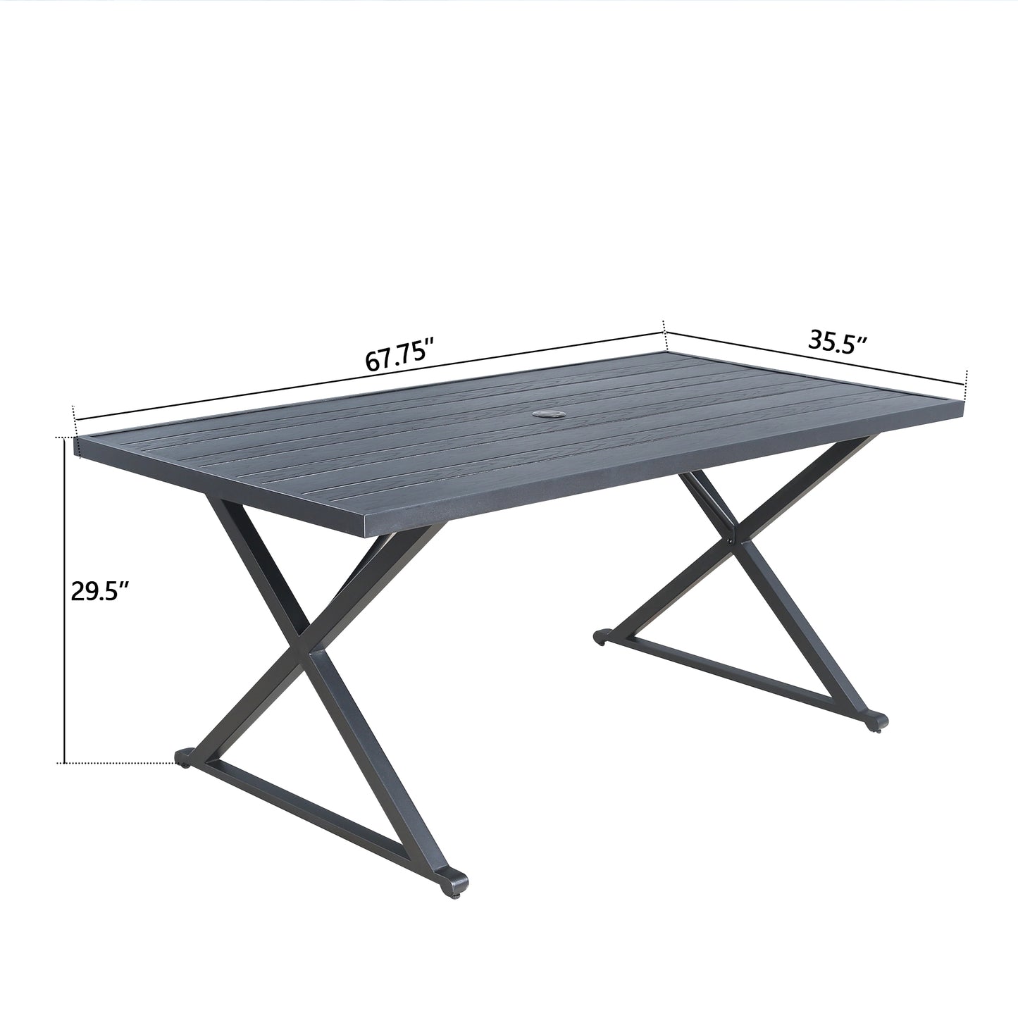 Rectangular 67.75"L Patio Metal Dining Table with Steel Slatted Wooden Textured Tabletop, Cross Legs and 1.57” Umbrella Hole for 6 Person
