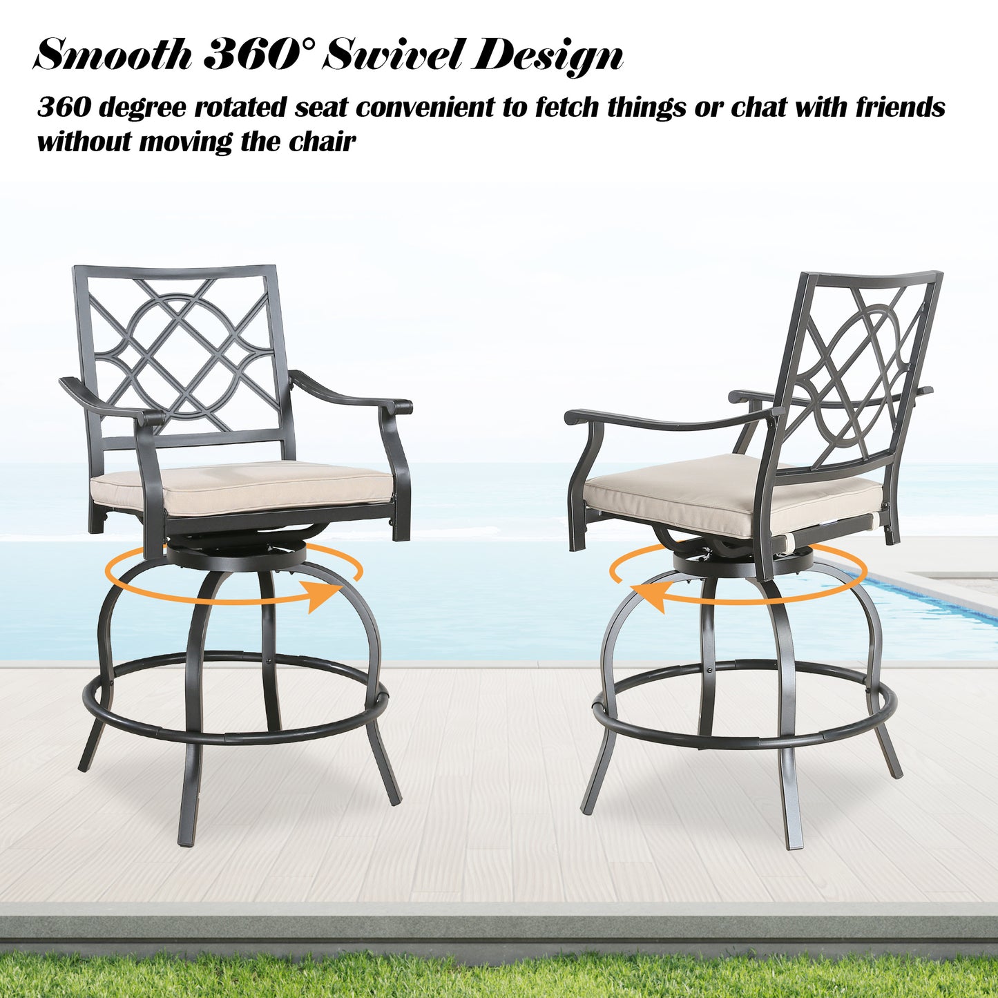 2 Pieces Patio Swivel Bar Stools Outdoor Metal Bar Height Bistro Chairs with Beige Seat Cushions