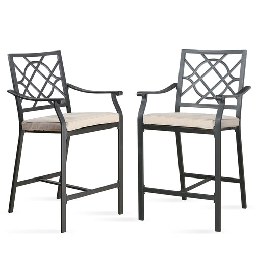 OPEN BOX I Patio Metal Steel Bar Stools Outdoor Set of 2 with Beige Seat Cushions