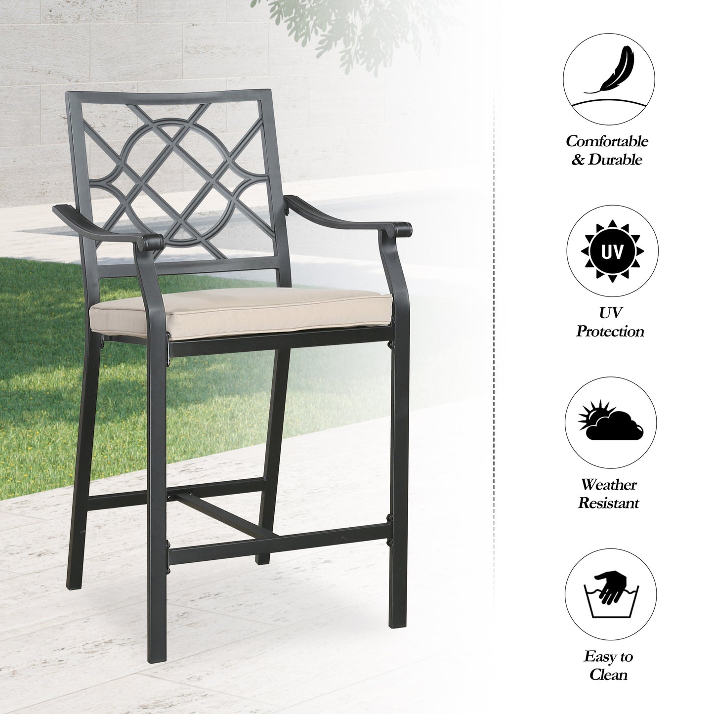 Patio Metal Steel Bar Stools Outdoor Set of 2 Bar Height Bistro Chairs with Beige Seat Cushions