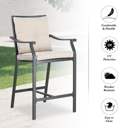 2 Pieces Patio Bar Stools Outdoor Metal Bar Height Bistro Chairs with Beige Seat and Back Cushions