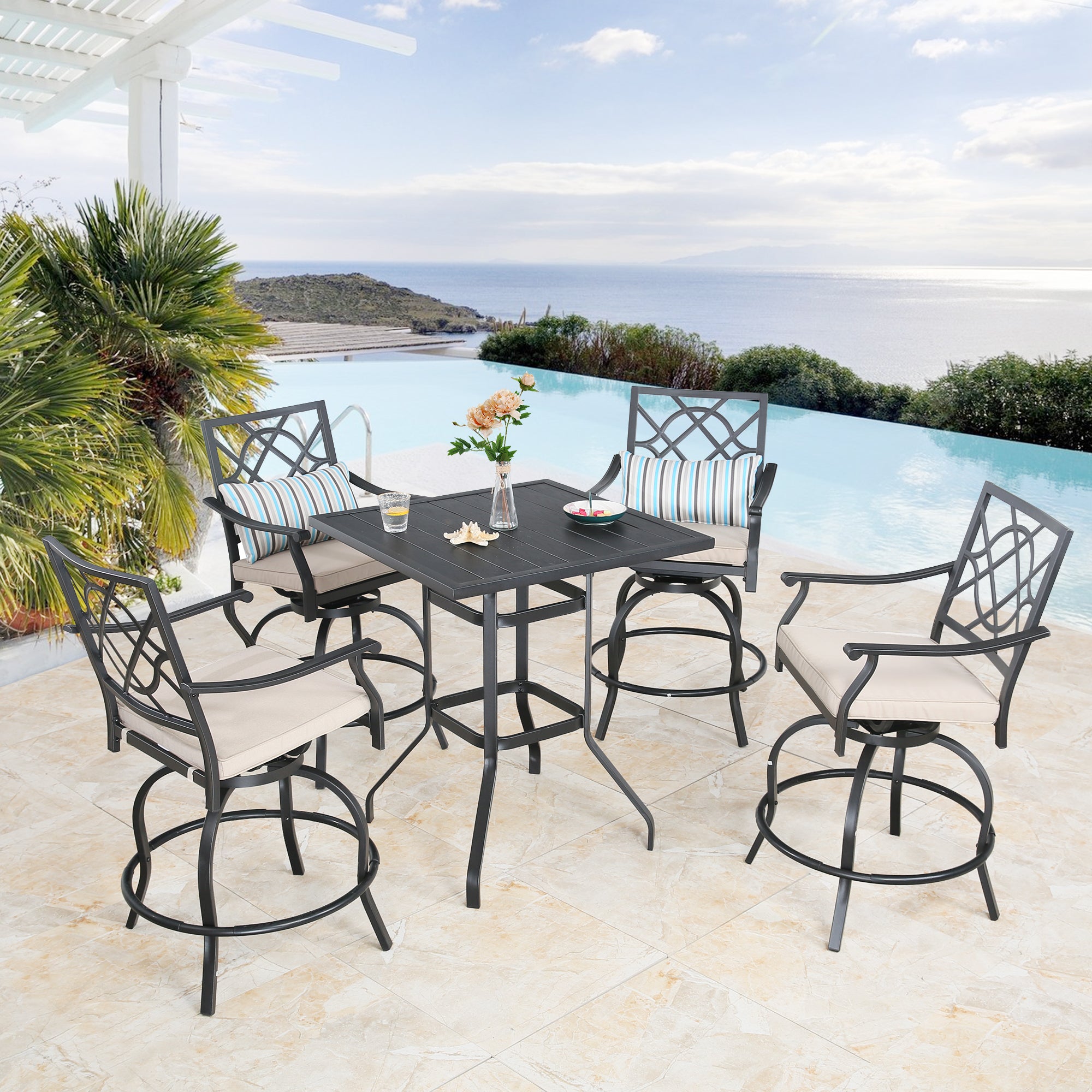 Outdoor 5 Pieces Patio Bar Set with Square Steel Bar Table and