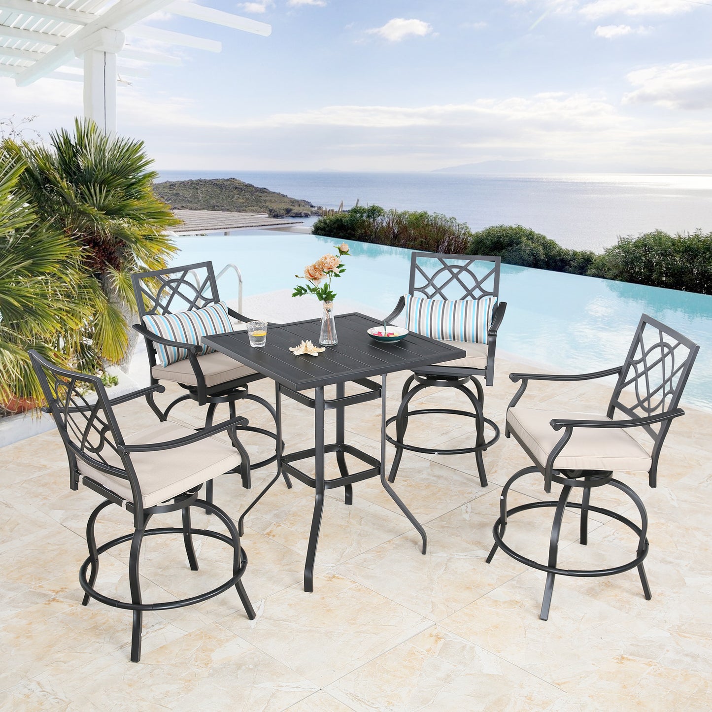 Outdoor 5 Pieces Patio Bar Set with Square Steel Bar Table and Swivel Height Bar Stools with Beige Seat Cushions