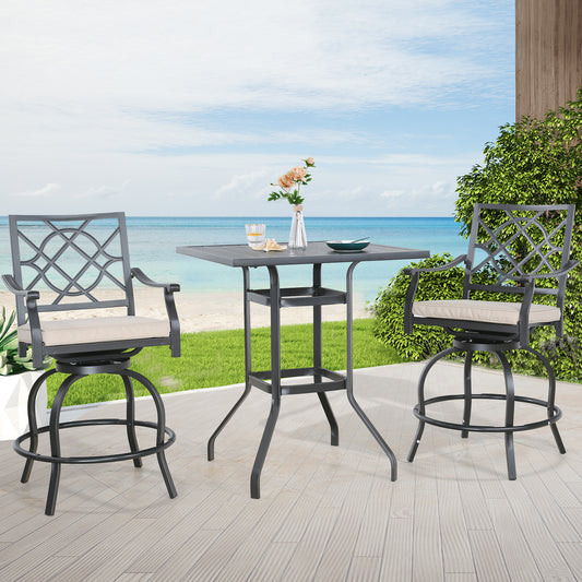 Outdoor 3 Pieces Patio Bar Set with Square Steel Table, Swivel Height Bar Stools and Beige Seat Cushions