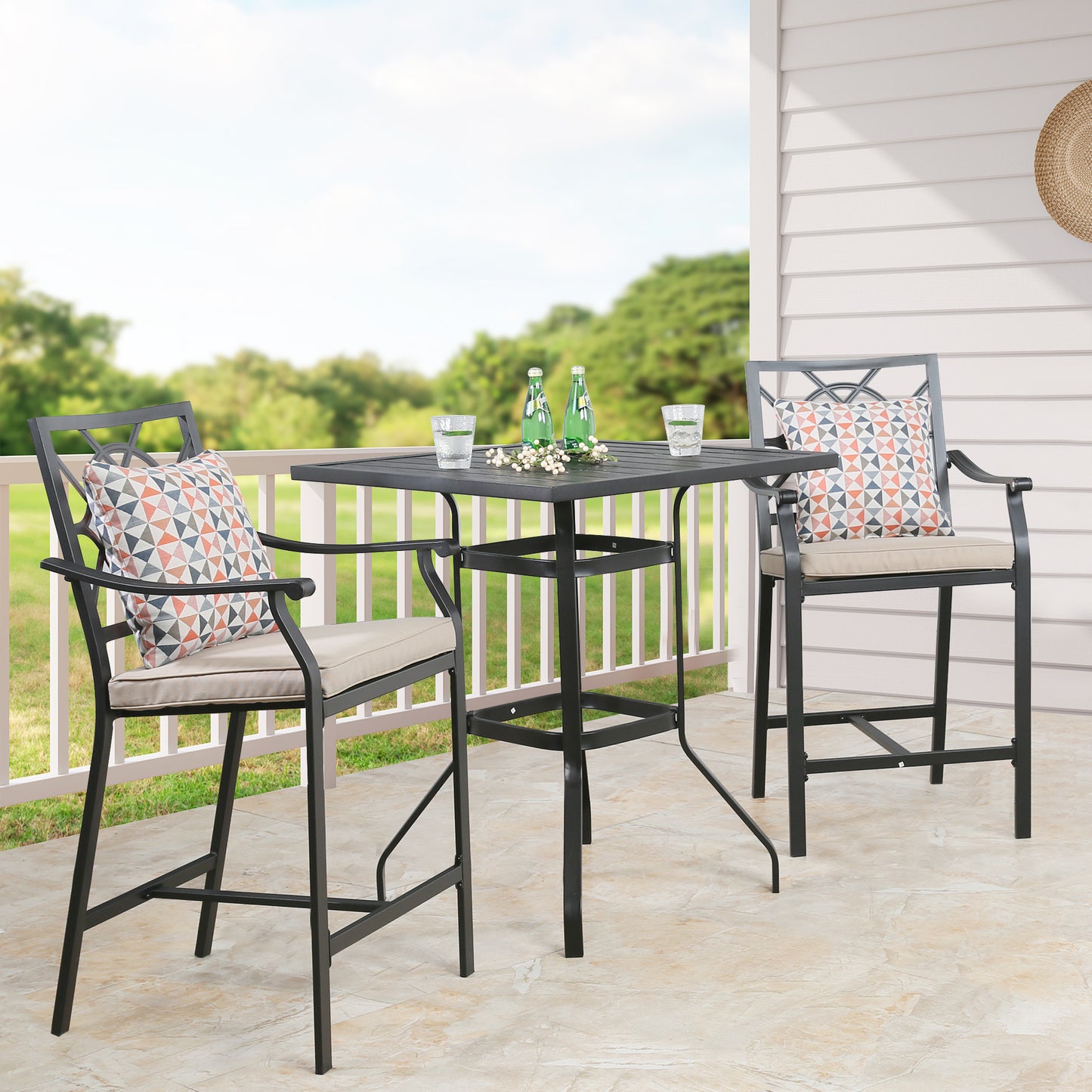 Outdoor 3 Pieces Patio Bar Height Dining Set with Square Steel Bar Table and Bar Stools with Beige Seat Cushions