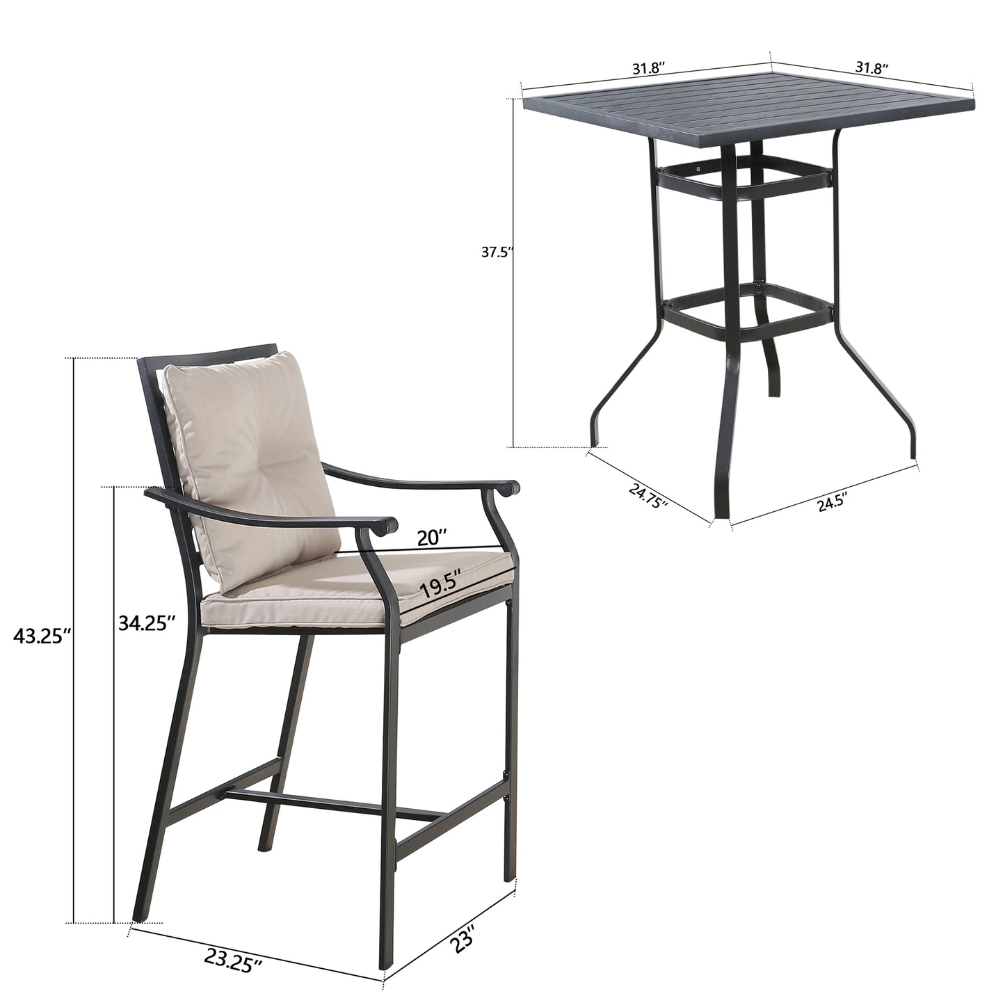 Outdoor 5 Pieces Patio Bar Height Dining Set with Square Steel Table and Bar Stools with Beige Seat and Back Cushions