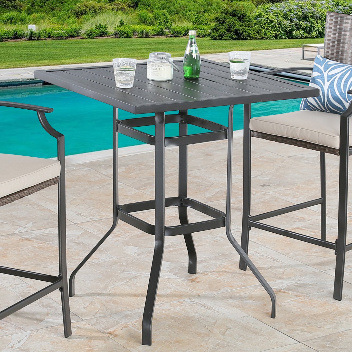 Patio Square Steel Bar Table Outdoor Counter Height Dining Table with Woodiness Grains Tabletop