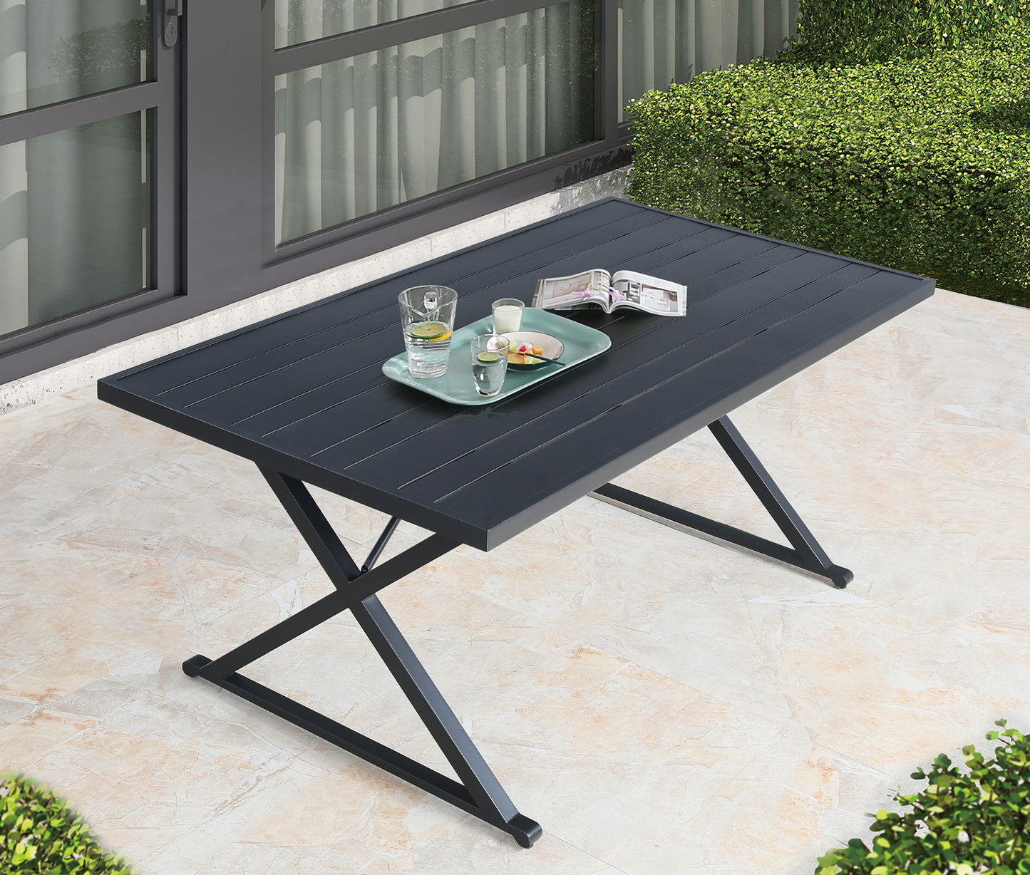 Rectangular 55"L Patio Metal Dining Table with Steel Slatted Wooden Textured Tabletop, Cross Legs and 1.57” Umbrella Hole for 4 Person