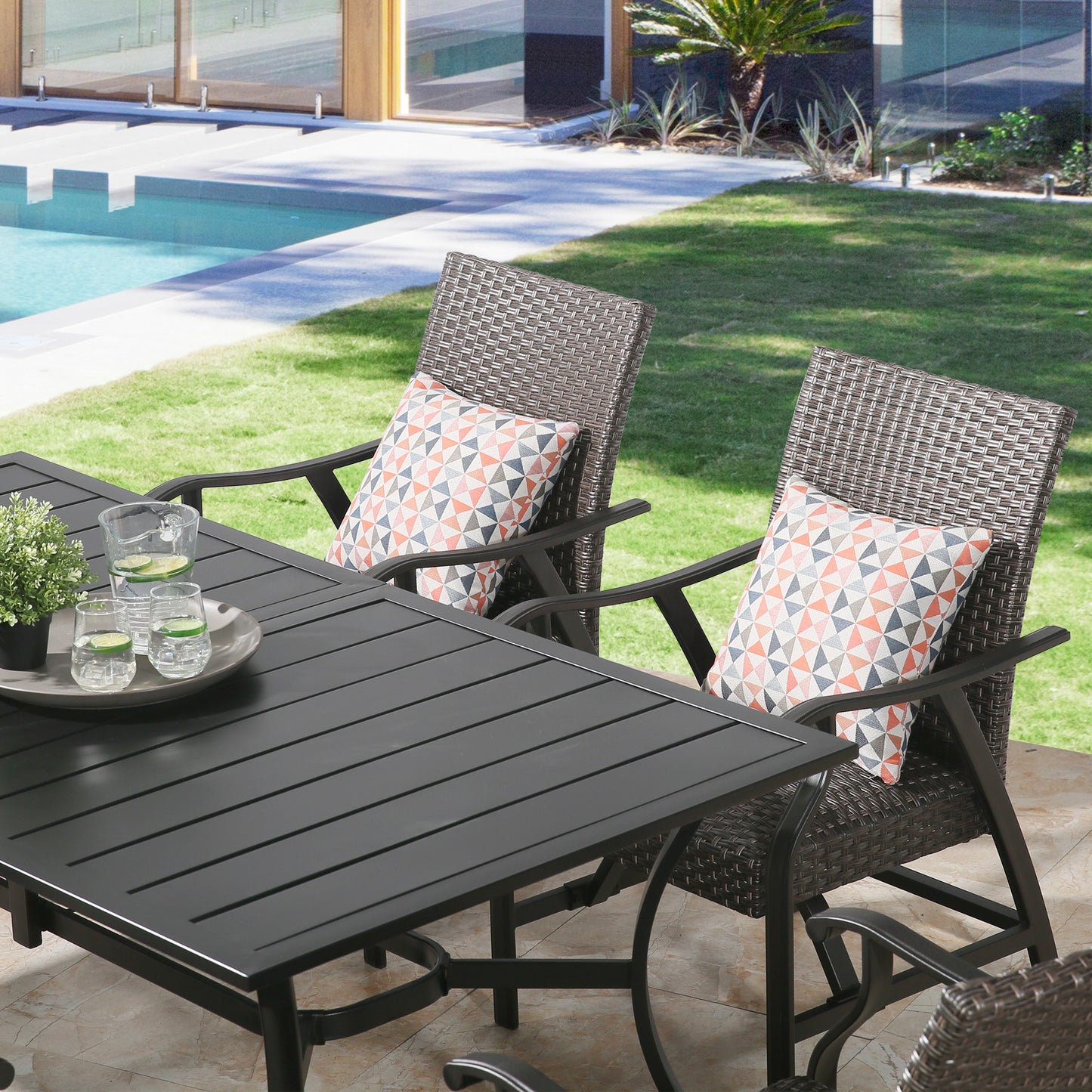 Patio Rectangular 6-Person Dining Set with Metal Motion Rocking Dining Chairs