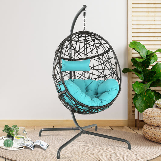 Patio Outdoor Indoor Rattan Hanging Basket Swing Chair with Stand and Cushion, Turquoise
