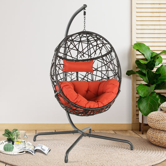 Patio Outdoor Indoor Rattan Hanging Basket Swing Chair with Stand and Cushion, Red