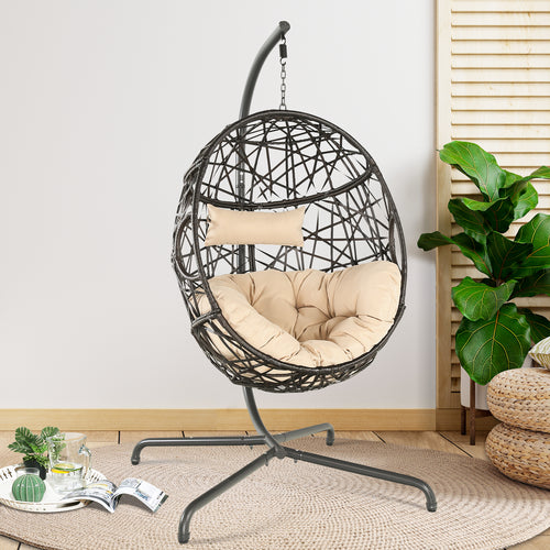 Outdoor/Indoor Rattan Hanging Basket Swing Chair with Stand and Cushion