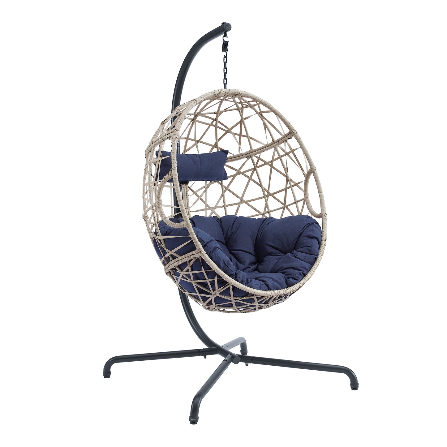 Patio Wicker Hanging Basket Swing Chair Indoor Outdoor Rattan Teardrop Chair Hammock Egg Chair with Stand and Cushion(Navy)