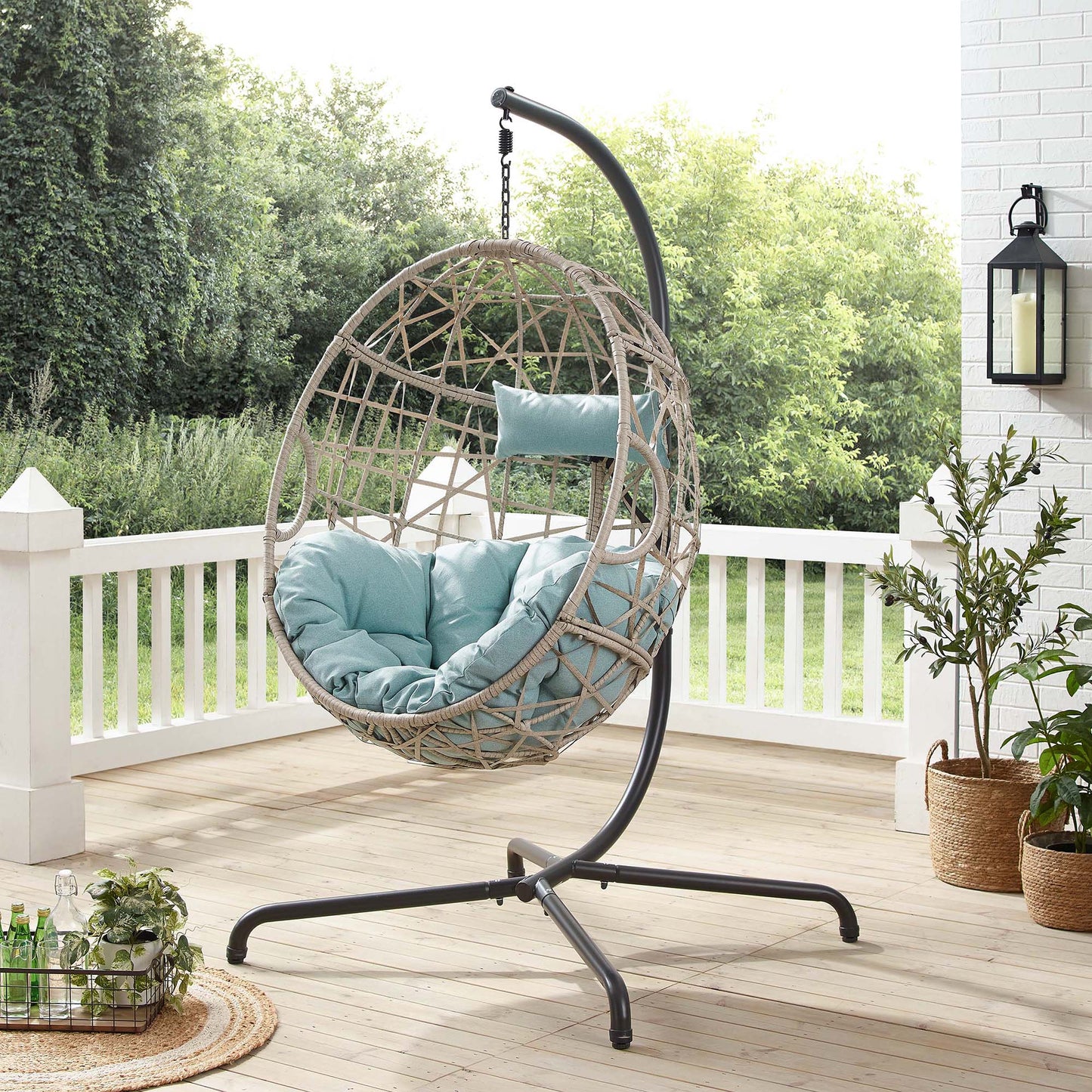 Patio Wicker Hanging Basket Swing Chair Indoor Outdoor Rattan Teardrop Chair Hammock Egg Chair with Stand and Cushion (Mist)