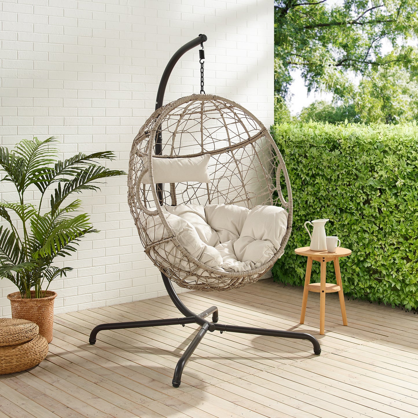 Outdoor Patio Wicker Hanging Basket Swing Chair Tear Drop Egg Chair with Cushion and Stand