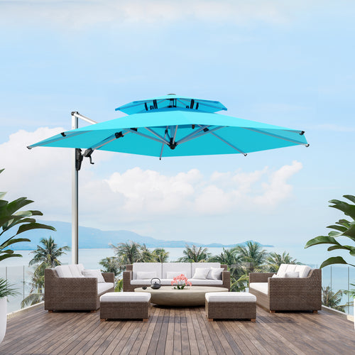 MILANO 11ft Patio 2 Tiers Vented Octagonal Anodized Aluminium Cantilever Umbrella 360 Degree Rotation Offset Hanging Umbrella Outdoor Market Umbrella, 8 Ribs, Infinite Tilt