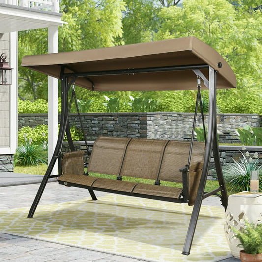3-Seater Outdoor Porch Swing Steel Frame with UV-Resistant Polyester Adjustable Canopy Patio Swing Chair Bench (Brown)