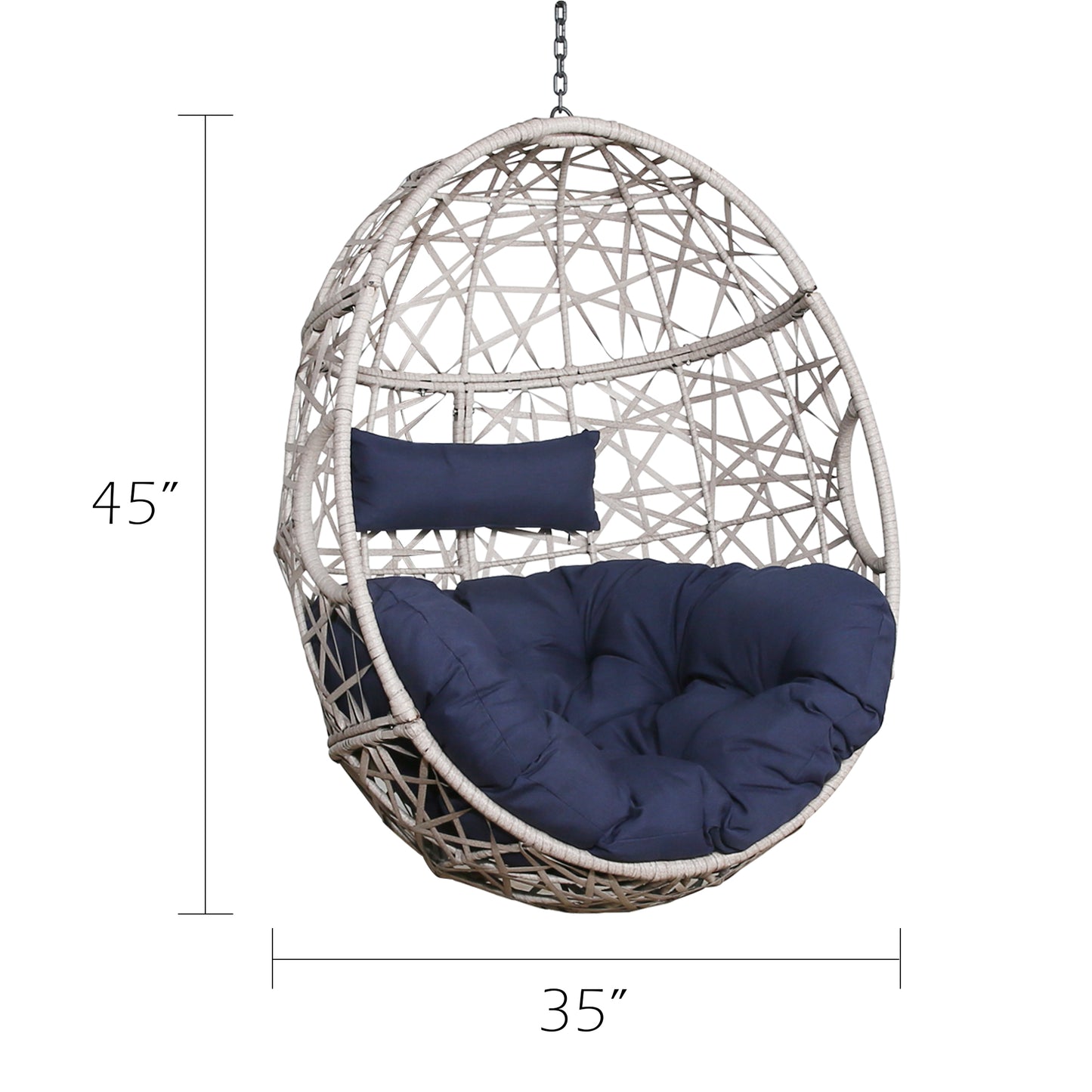 Outdoor Patio Wicker Hanging Basket Swing Chair Tear Drop Egg Chair with Cushion (Navy)