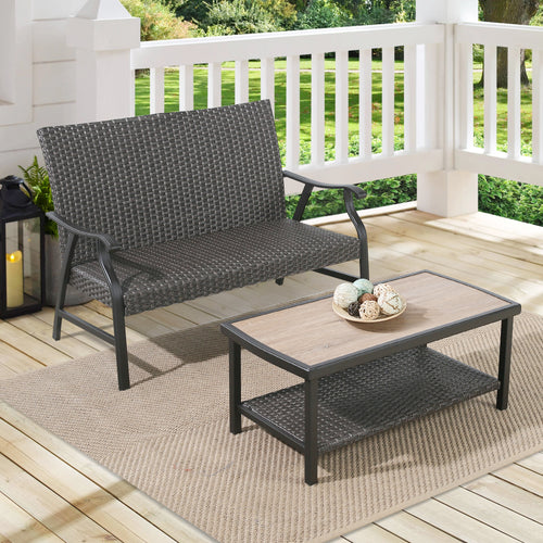 Pavane 2 Pieces Patio Wicker Padded Conversation Set Indoor Outdoor Metal Seating Group with Loveseat and Alucobond Coffee Table