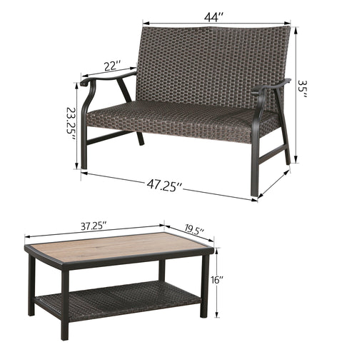 Pavane 2 Pieces Patio Wicker Padded Conversation Set Indoor Outdoor Metal Seating Group with Loveseat and Alucobond Coffee Table