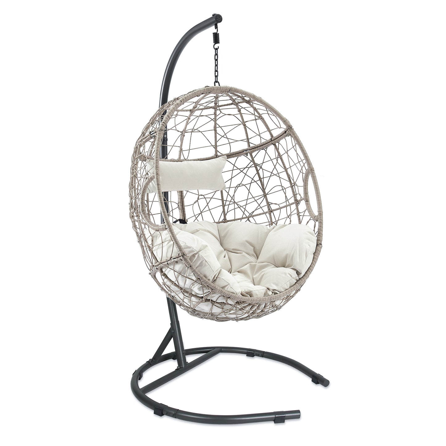 Outdoor Patio Wicker Hanging Basket Swing Chair Tear Drop Egg Chair with Cushion and Stand (Beige)