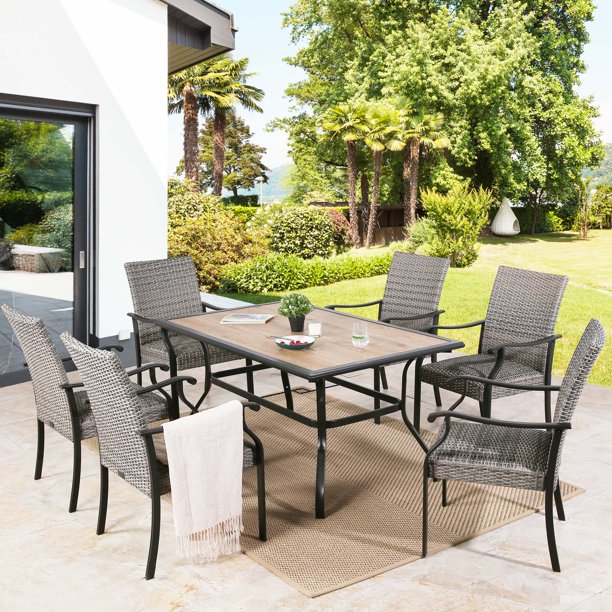 7 Piece Outdoor Dining Set Patio Wicker Furniture Dining Table Set with 6 Padded Dining Chairs and 1 Rectangular Garden Dining Table