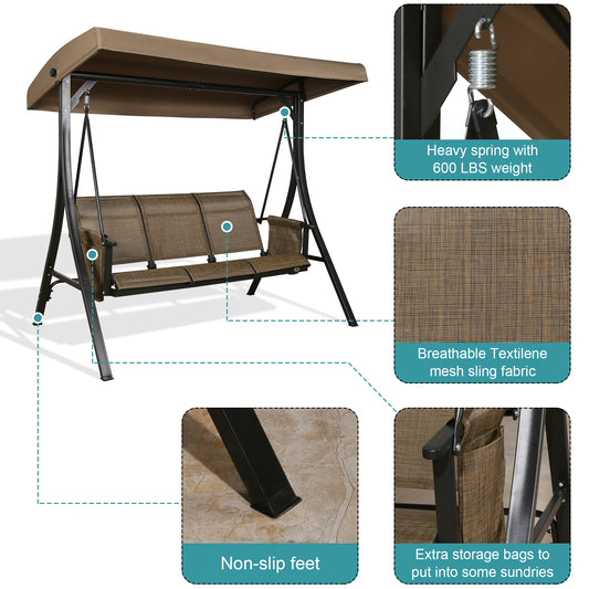 Peak Home Furnishings Outdoor 3-seat Patio Porch Swing Chair with Adjustable Canopy (Brown)