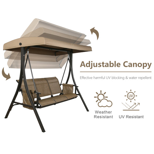 3-Seater Outdoor Porch Swing Steel Frame with UV-Resistant Polyester Adjustable Canopy Patio Swing Chair Bench (Brown)