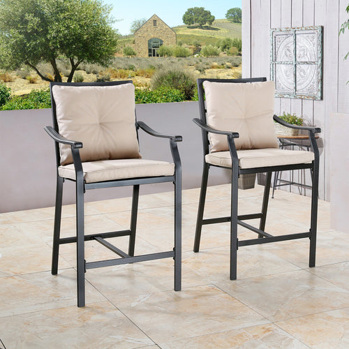 2 Pieces Patio Bar Stools Outdoor Metal Bar Height Bistro Chairs with Beige Seat and Back Cushions