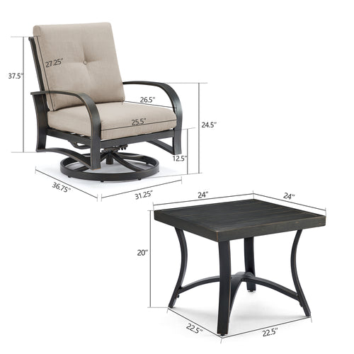 Chamber 3 Pieces Outdoor/Indoor Aluminum Patio Bistro Set with Club Chairs , Sunbrella Cushions and Side Table