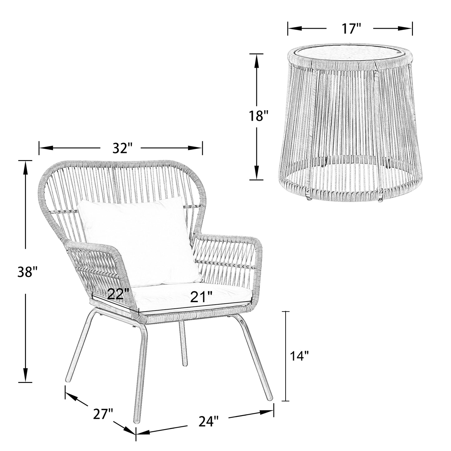 3-Piece Patio Wicker Bistro Set Outdoor Round Tempered Glass Top Table and Conversation Rattan Chairs with White Cushions