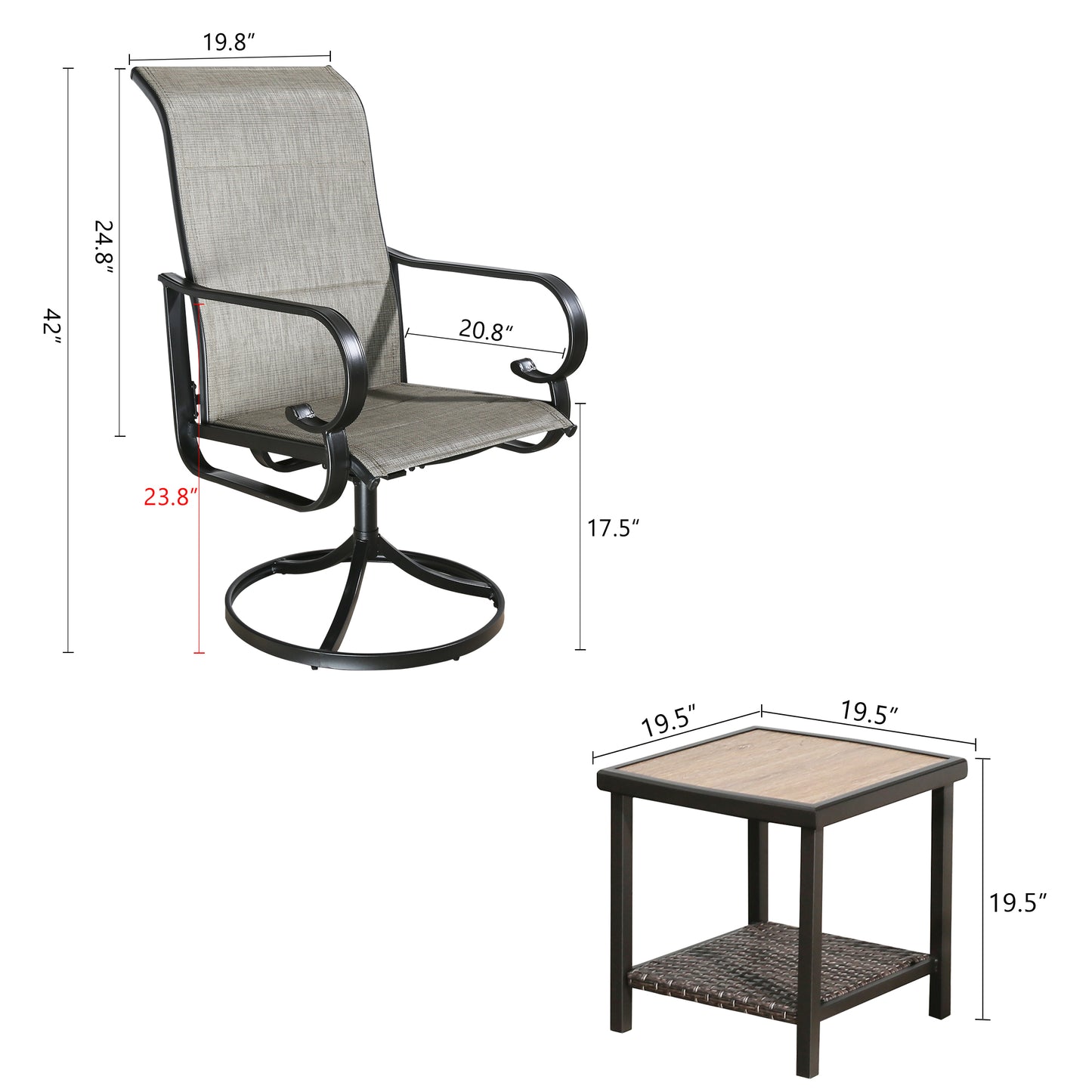 3 Pieces Outdoor/Indoor Patio Conversation Set with Wooden-Like Side Table and Sling Swivel Dining Chairs Padded with Quick Dry Foam